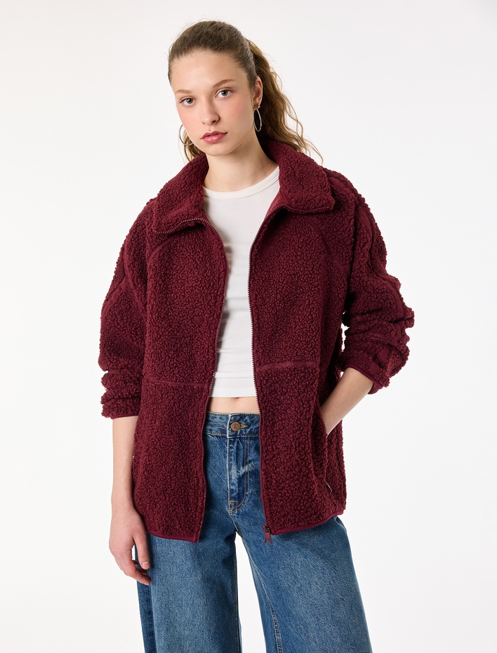  Uzun Kollu Dik Yaka Cep Detaylı Fermuarlı Oversize Peluş Ceket