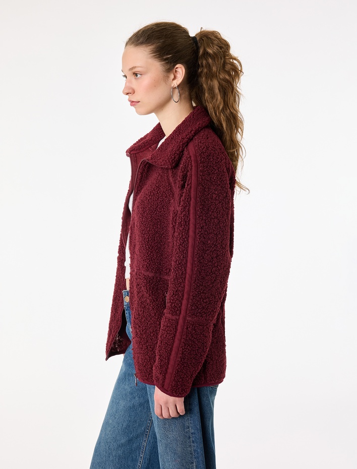  Uzun Kollu Dik Yaka Cep Detaylı Fermuarlı Oversize Peluş Ceket