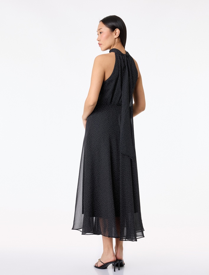  Midi Boy Puantiyeli Halter Yaka Şifon Elbise