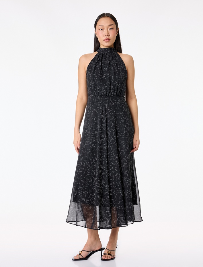  Midi Boy Puantiyeli Halter Yaka Şifon Elbise