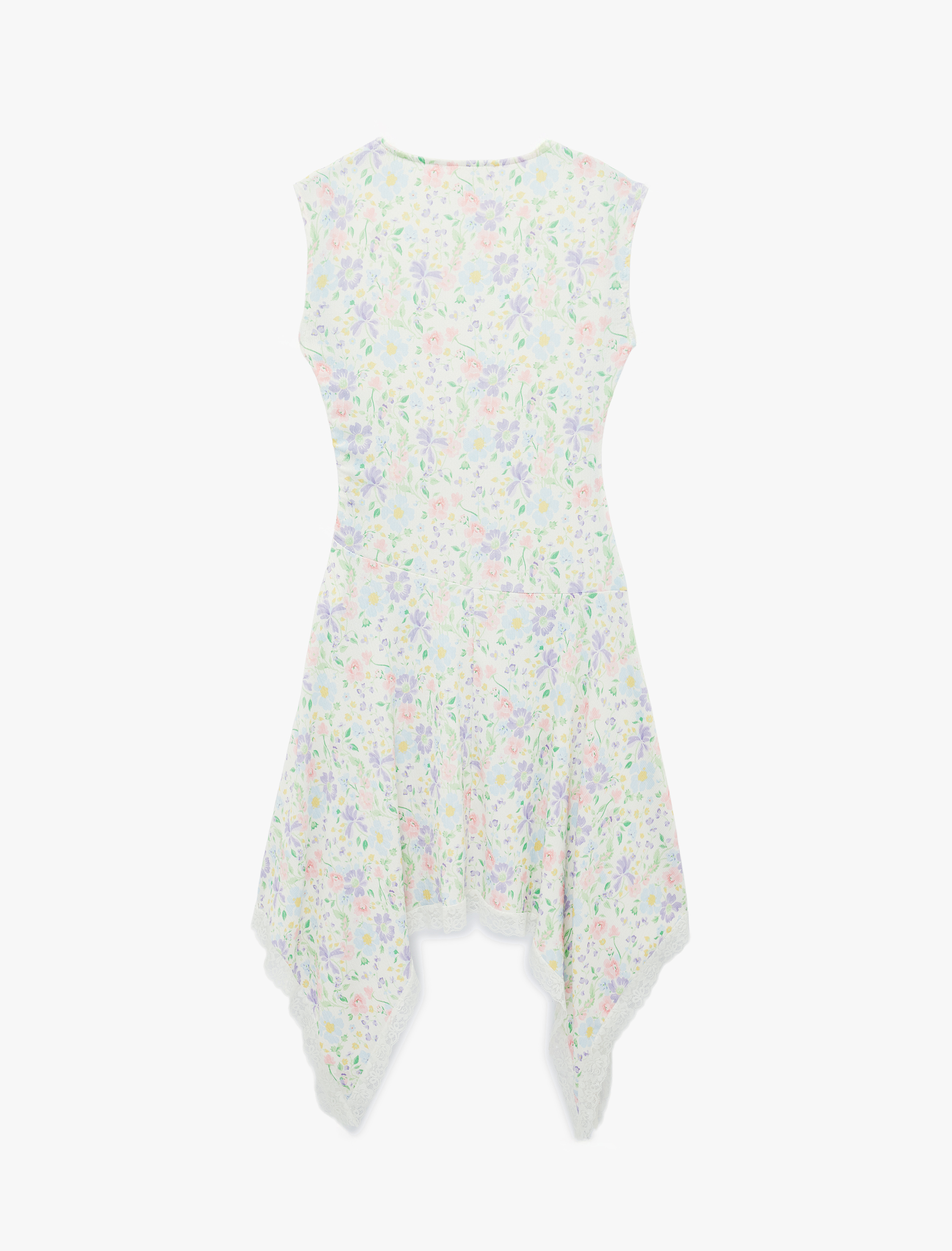   Kolsuz Dantel Detaylı Asimetrik Kesim Bisiklet Yaka Çiçekli Elbise