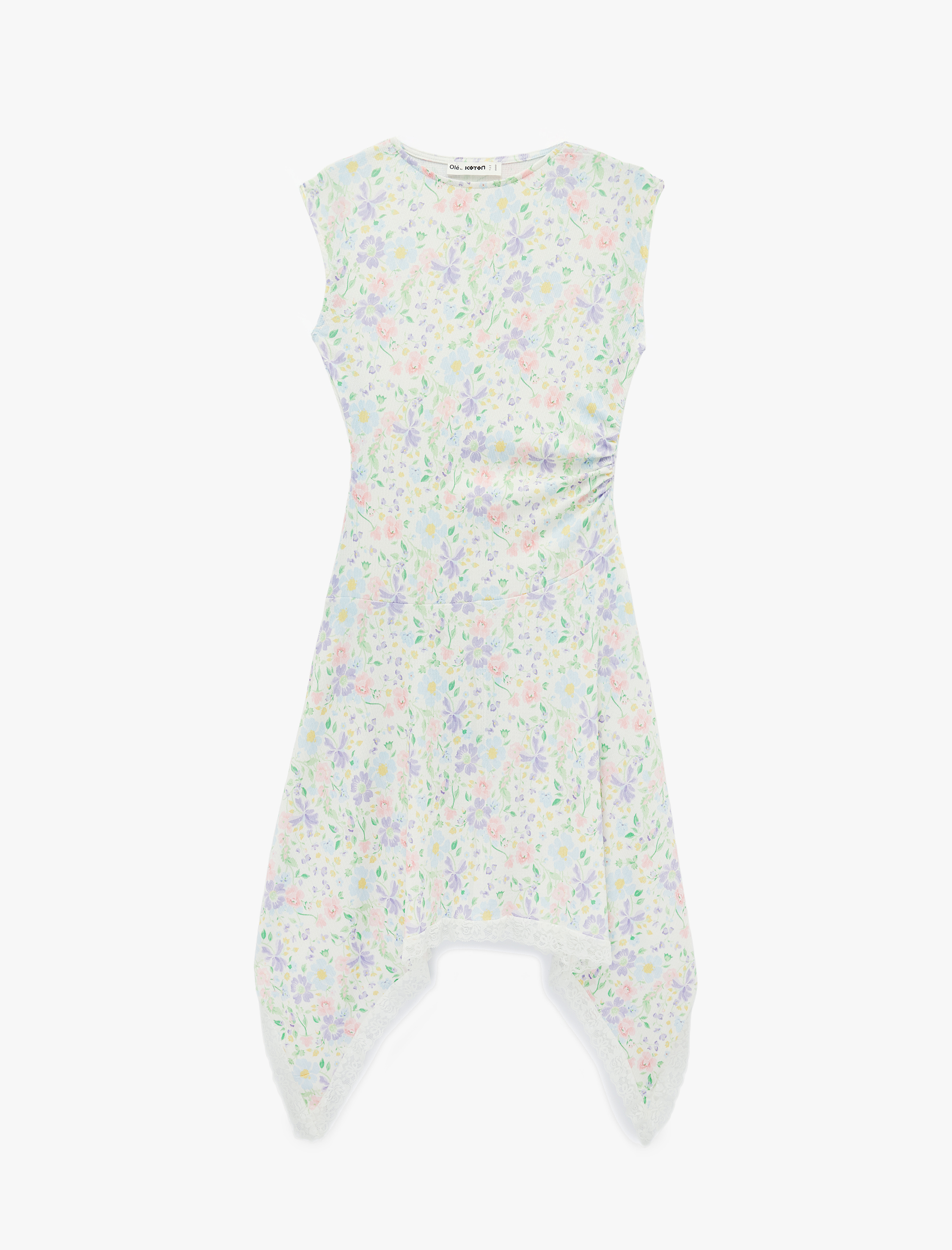   Kolsuz Dantel Detaylı Asimetrik Kesim Bisiklet Yaka Çiçekli Elbise