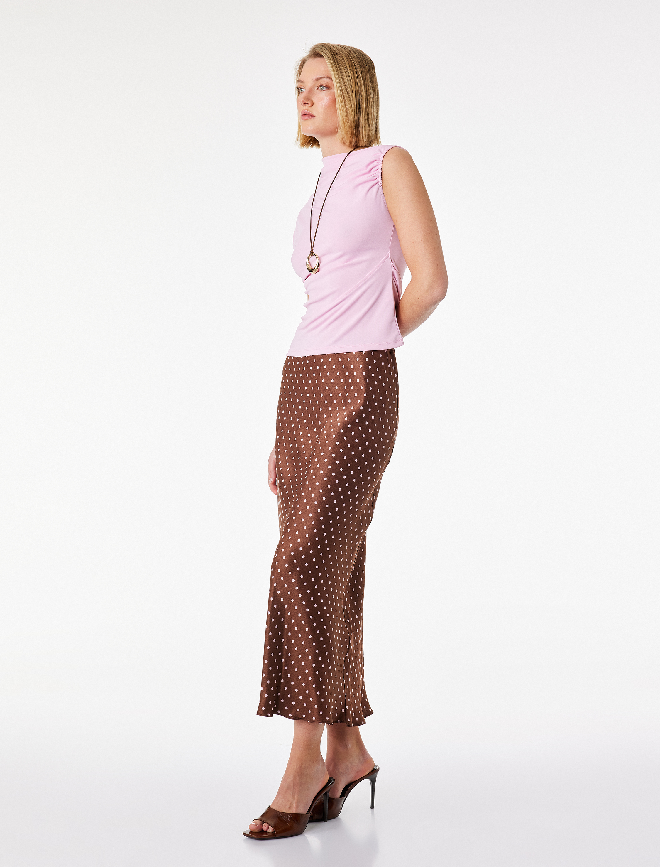   Slim Fit Puantiye Desenli Midi Saten Etek