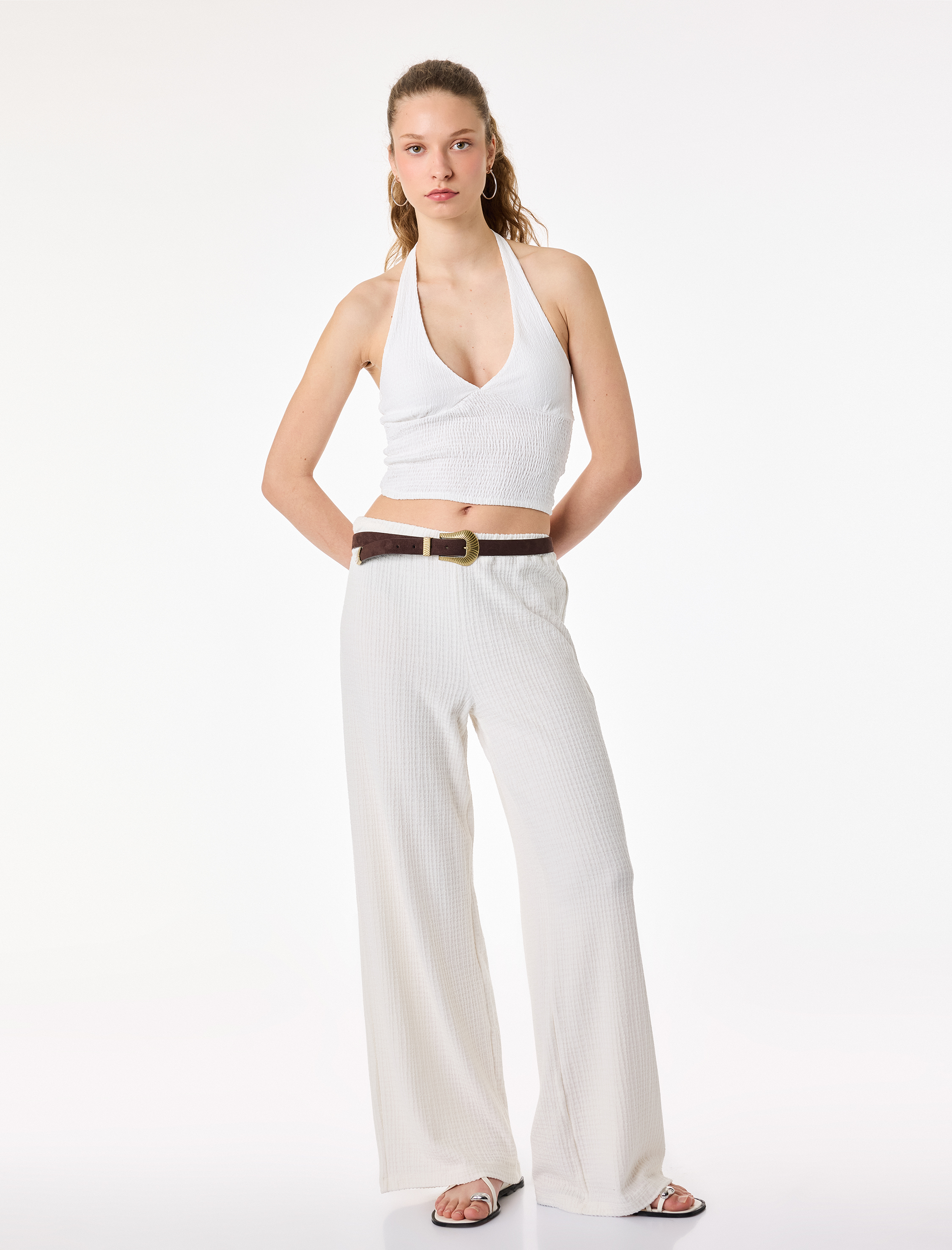   Viskon Rahat Kalıp Yüksek Bel Bağcıklı Geniş Paça Pantolon