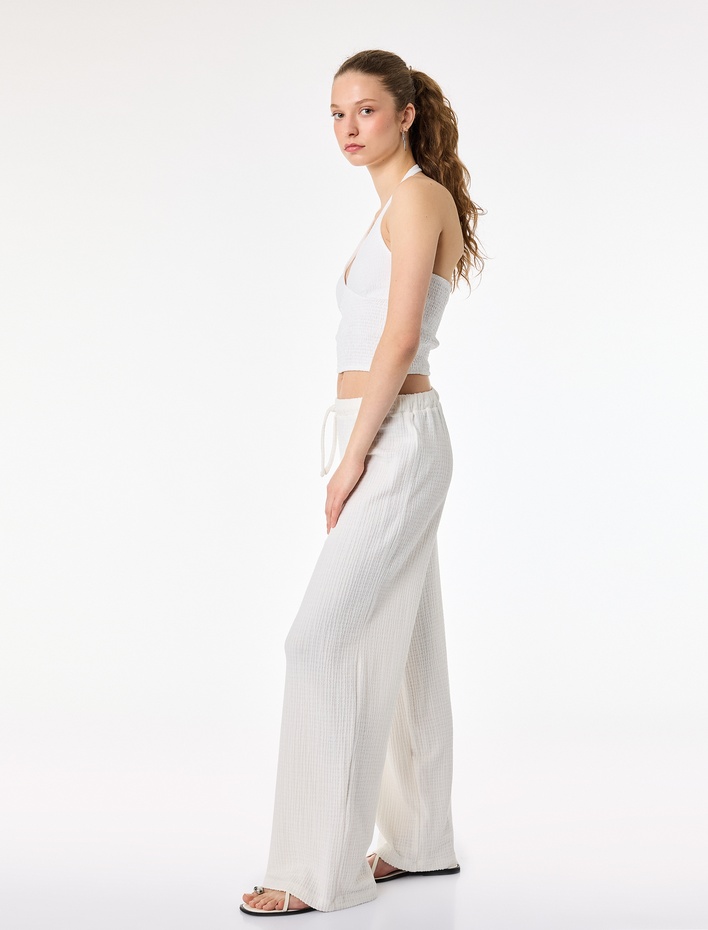  Viskon Rahat Kalıp Yüksek Bel Bağcıklı Geniş Paça Pantolon