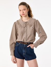 Düğmeli Uzun Kollu Çiçek Nakışlı Bebe Yaka Gömlek