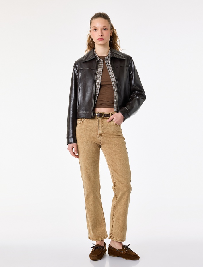  Pamuklu Normal Bel Dar Kalıp Yıkamalı İspanyol Paça Denim Pantolon - Flare Jeans