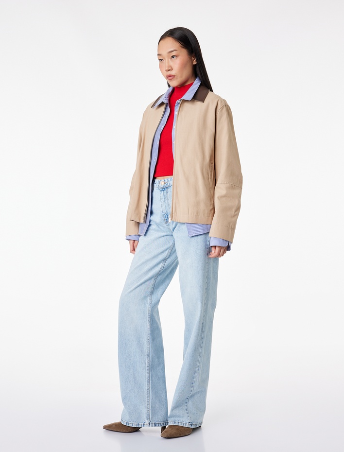  Yüksek Bel Düz Paça Cepli Pamuklu Denim Pantolon - Straight Fit Jeans