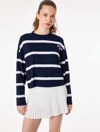 Rahat Kalıp Bisiklet Yaka Uzun Kollu Viskon Baskılı Spor Tişört