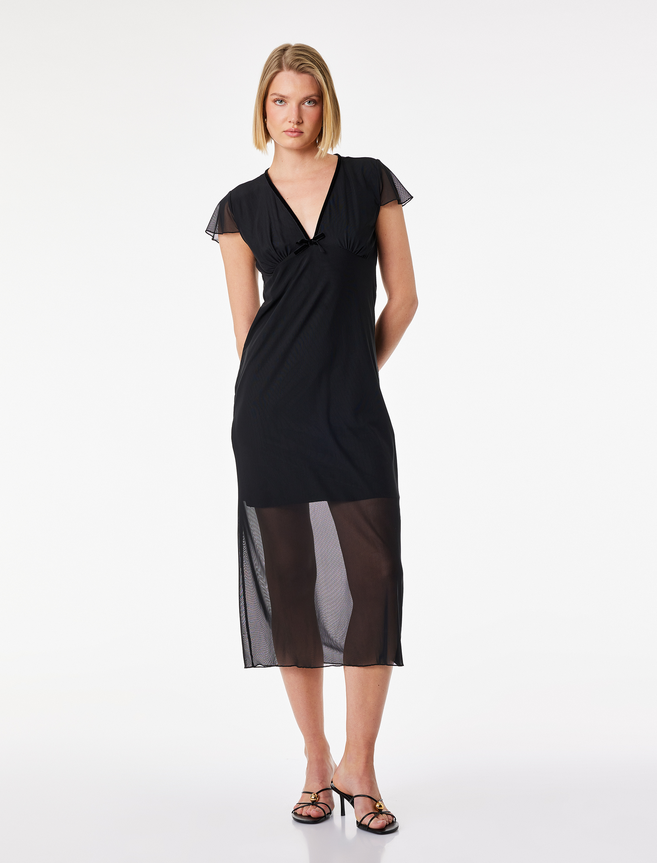   Slim Fit Fiyonk Detaylı Midi Boy V Yaka Karpuz Kol Tül Elbise