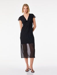 Slim Fit Fiyonk Detaylı Midi Boy V Yaka Karpuz Kol Tül Elbise