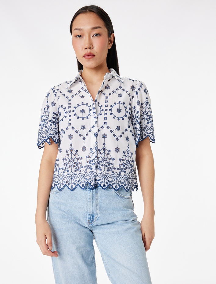  Regular Fit Pamuklu Kısa Kollu Desenli Brodeli Crop Gömlek