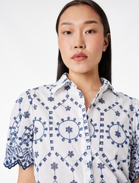 Regular Fit Pamuklu Kısa Kollu Desenli Brodeli Crop Gömlek