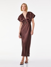 V Yaka Kısa Kollu Rahat Kalıp Midi Saten Abiye Elbise