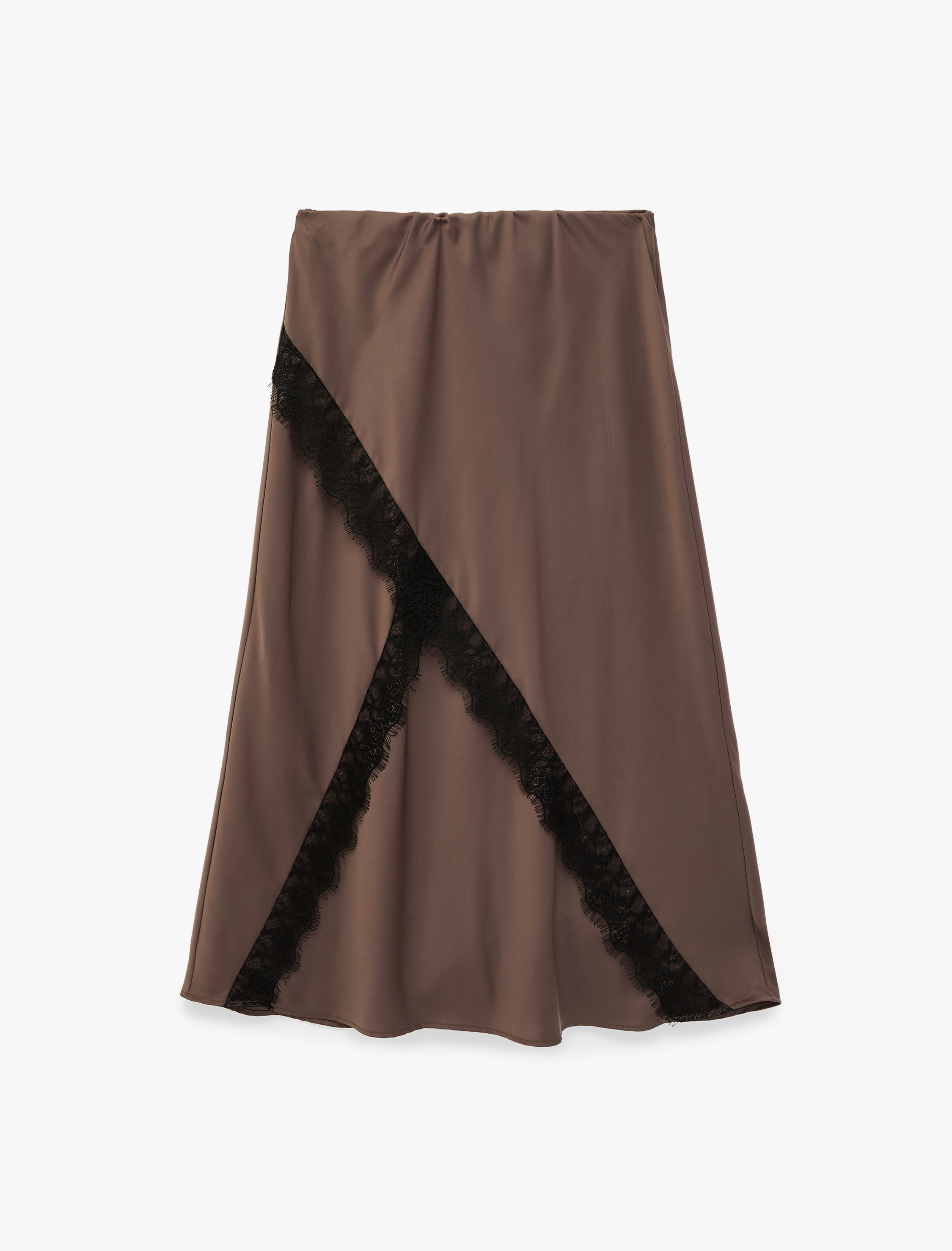   Asimetrik Kesim Dantel Detaylı Midi Kloş Saten Etek