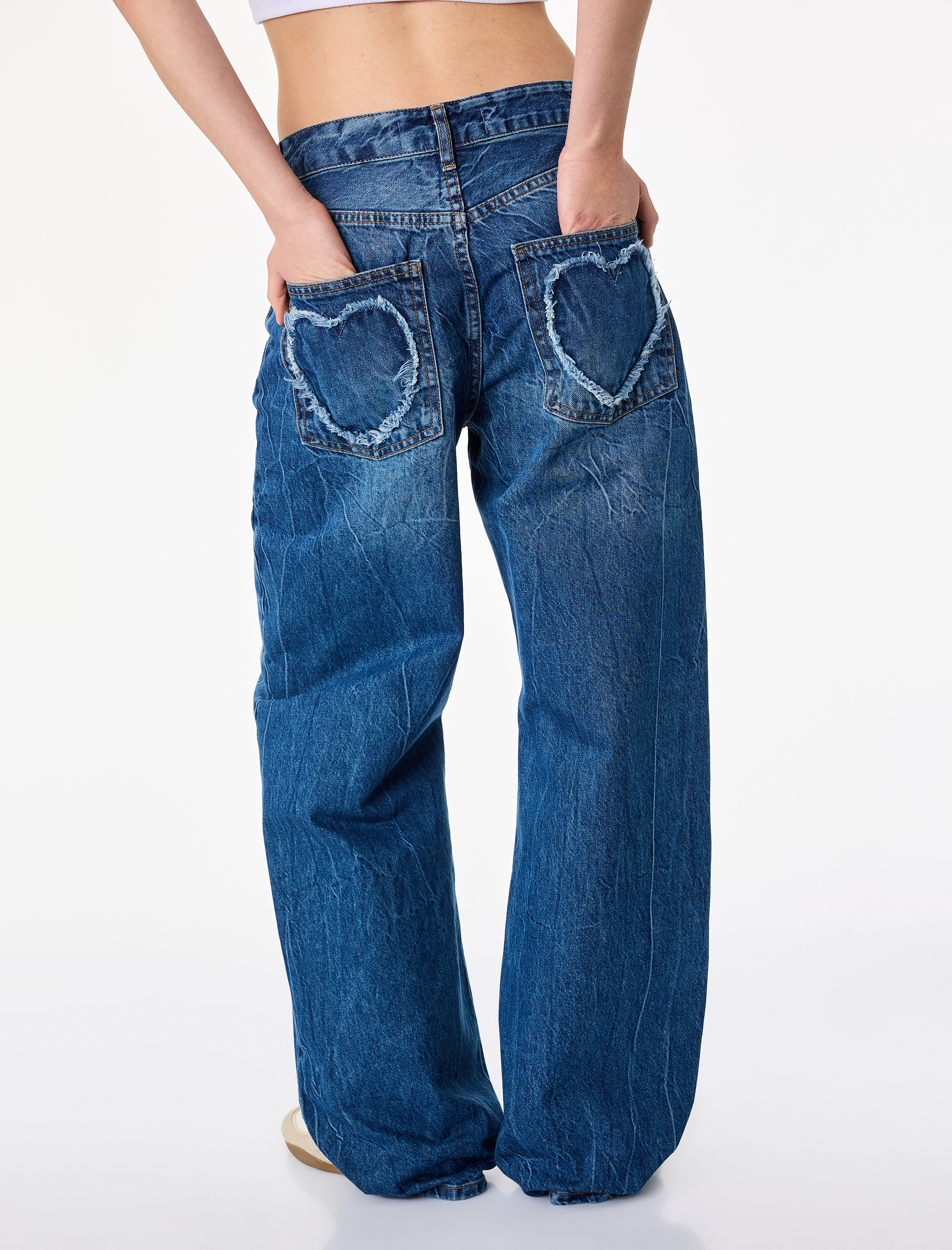   Regular Fit Cep Detaylı Yıkamalı Düz Paça Denim Pantolon - Baggy Jeans