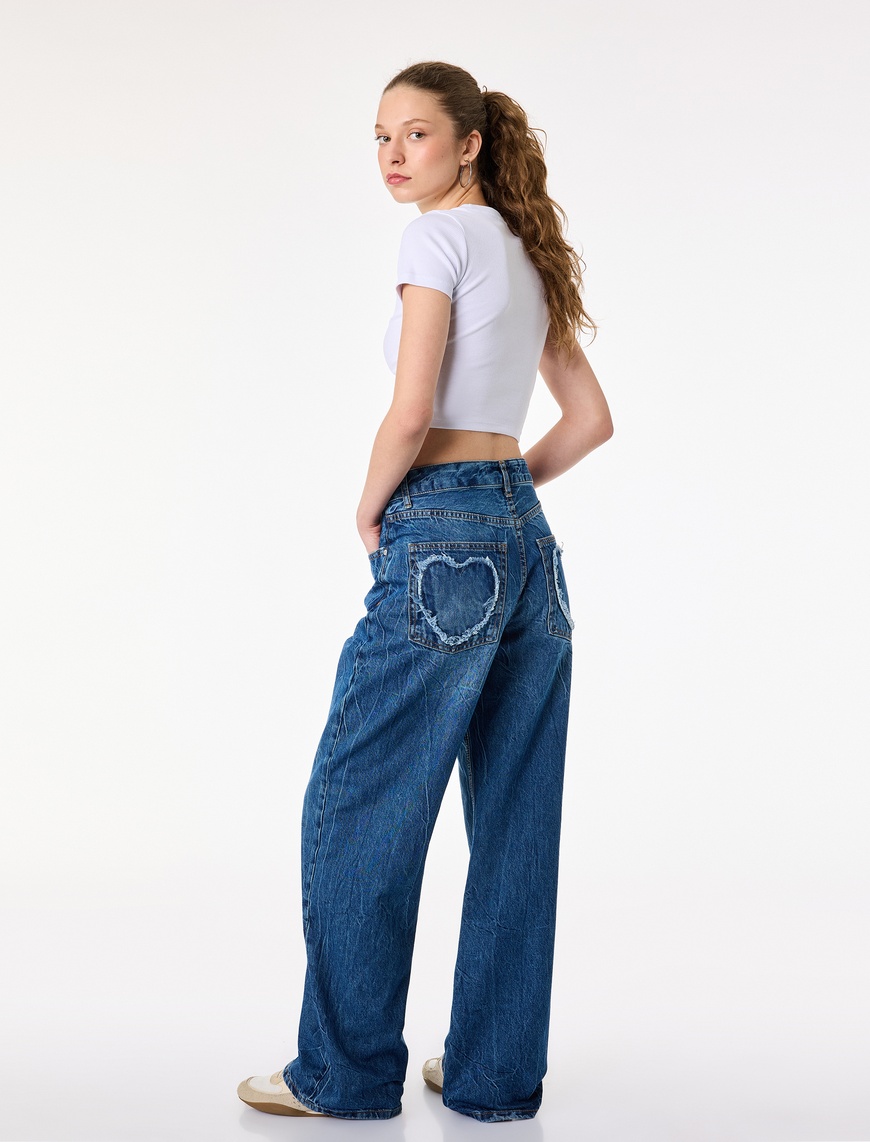 Koton Kadın Regular Fit Cep Detaylı Yıkamalı Düz Paça Denim Pantolon - Baggy Jeans