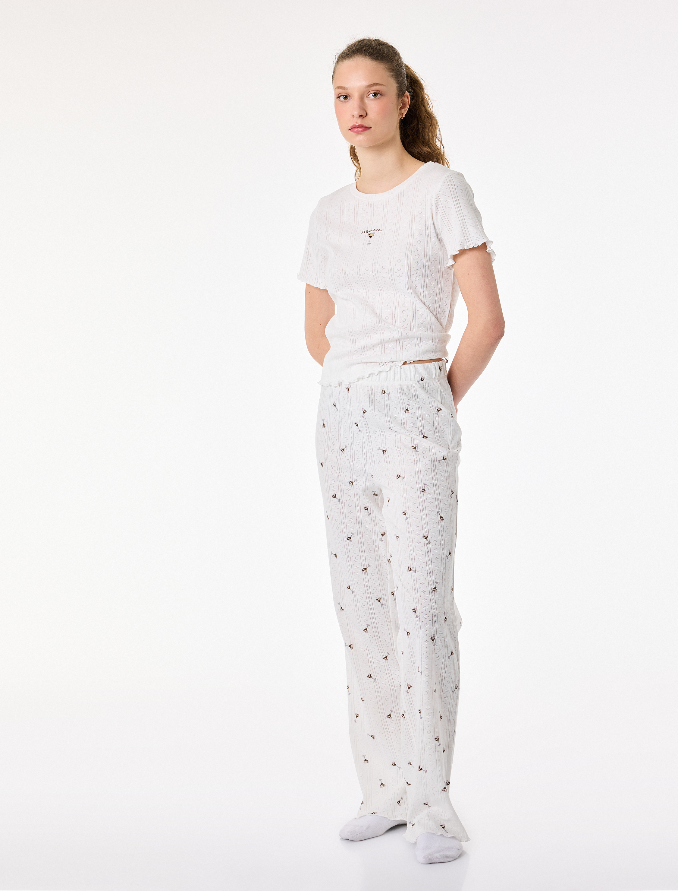   Pamuklu Desenli Kısa Kollu Dokulu Pijama Takımı