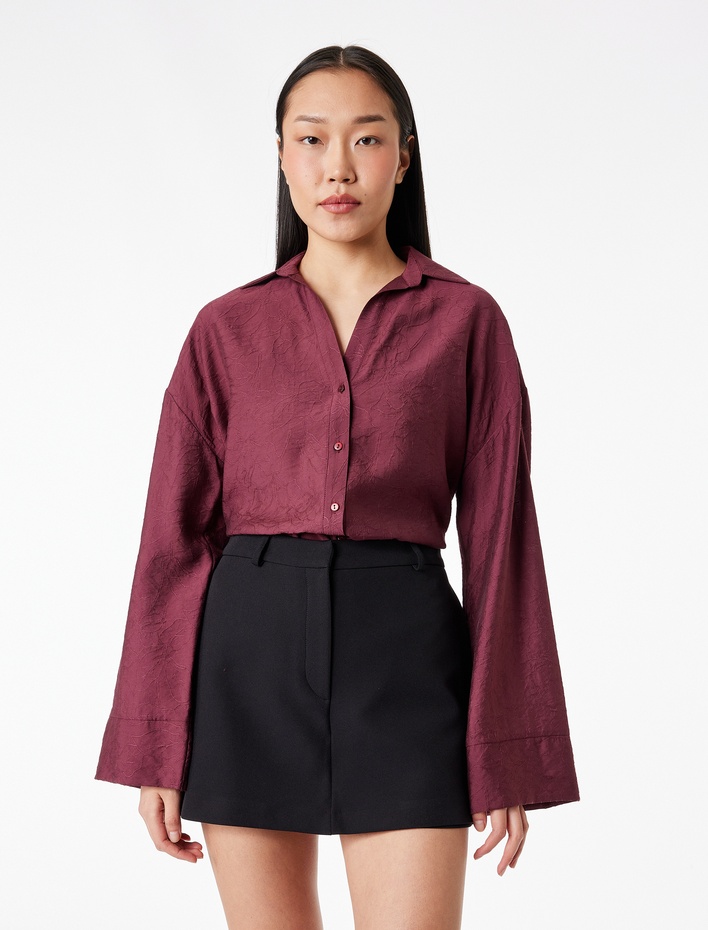  Modal Kumaş Regular Fit 3/4 Kollu Uzun Kollu Dokulu Crop Gömlek