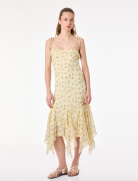 Asimetrik Kesim İp Askılı Kolsuz Şifon Çiçekli Uzun Elbise