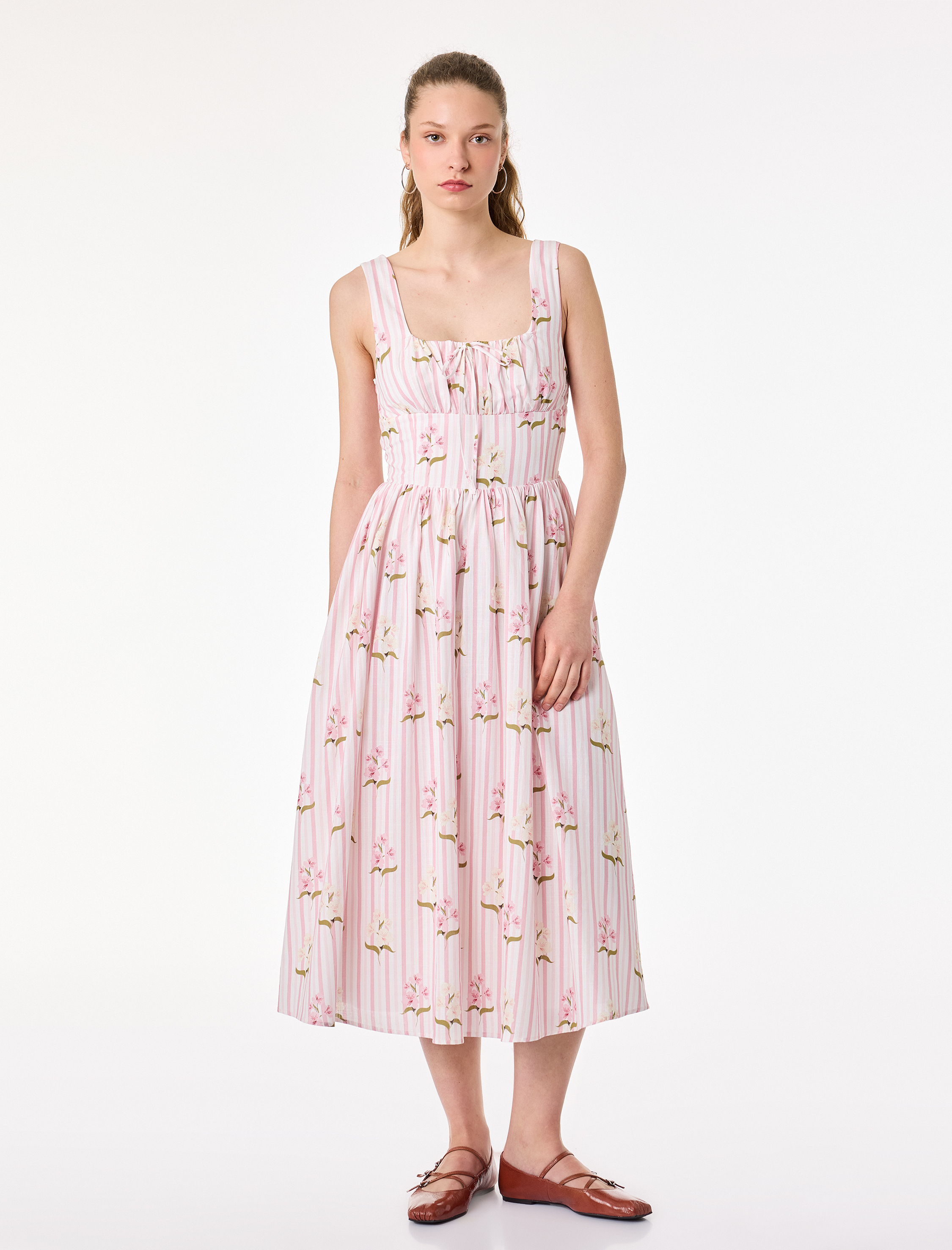   Kalın Askılı U Yaka Gipeli Çiçekli Uzun Elbise