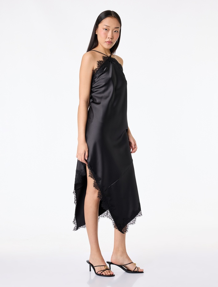  Asimetrik Kesim Kolsuz Halter Yaka Dantel Detaylı Midi Saten Elbise