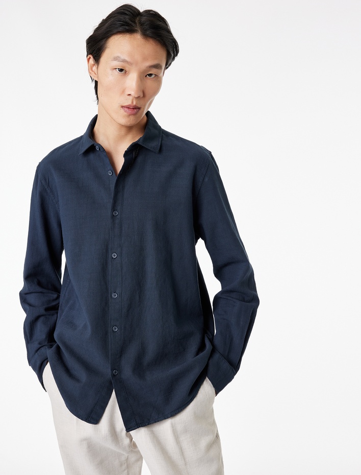  Regular Fit Pamuklu Klasik Yaka Düğmeli Uzun Kollu Gömlek