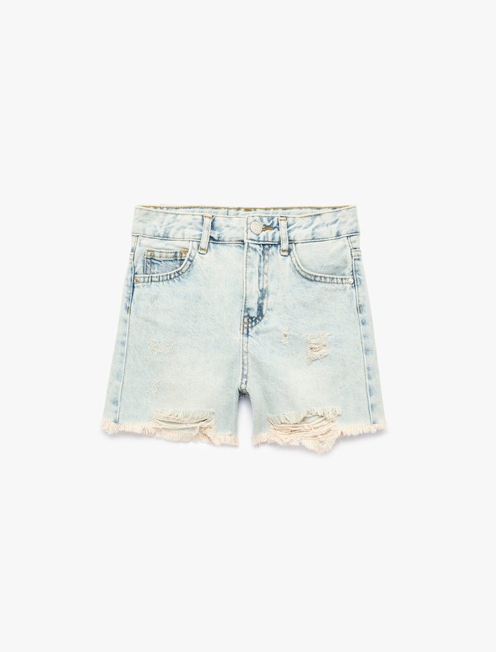Kız Çocuk Pamuklu Yüksek Bel Celi Saçaklı Denim Şort