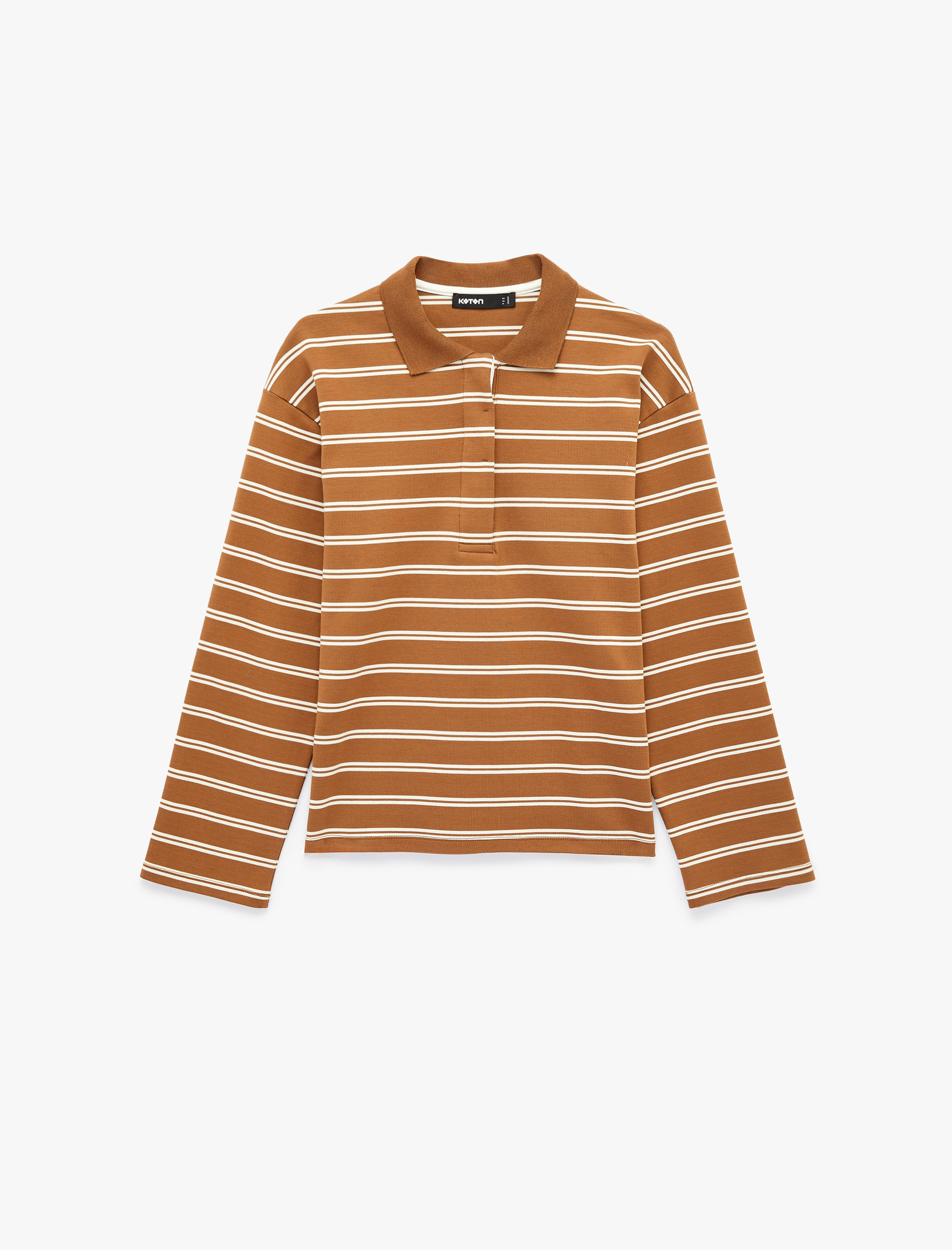   Pamuklu Uzun Kollu Düğmeli Polo Yaka Çizgili Oversize Sweatshirt