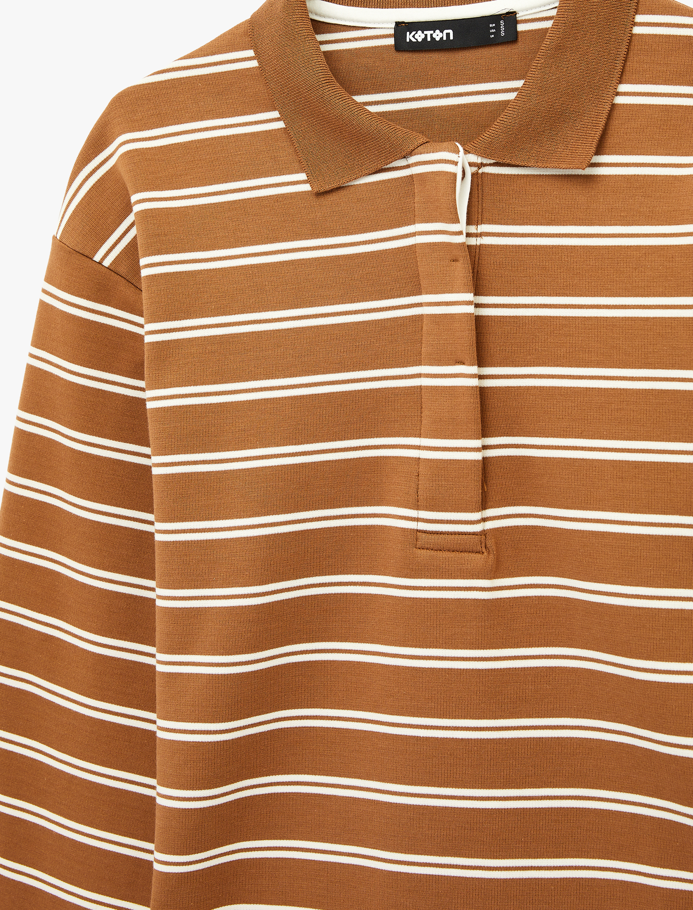   Pamuklu Uzun Kollu Düğmeli Polo Yaka Çizgili Oversize Sweatshirt