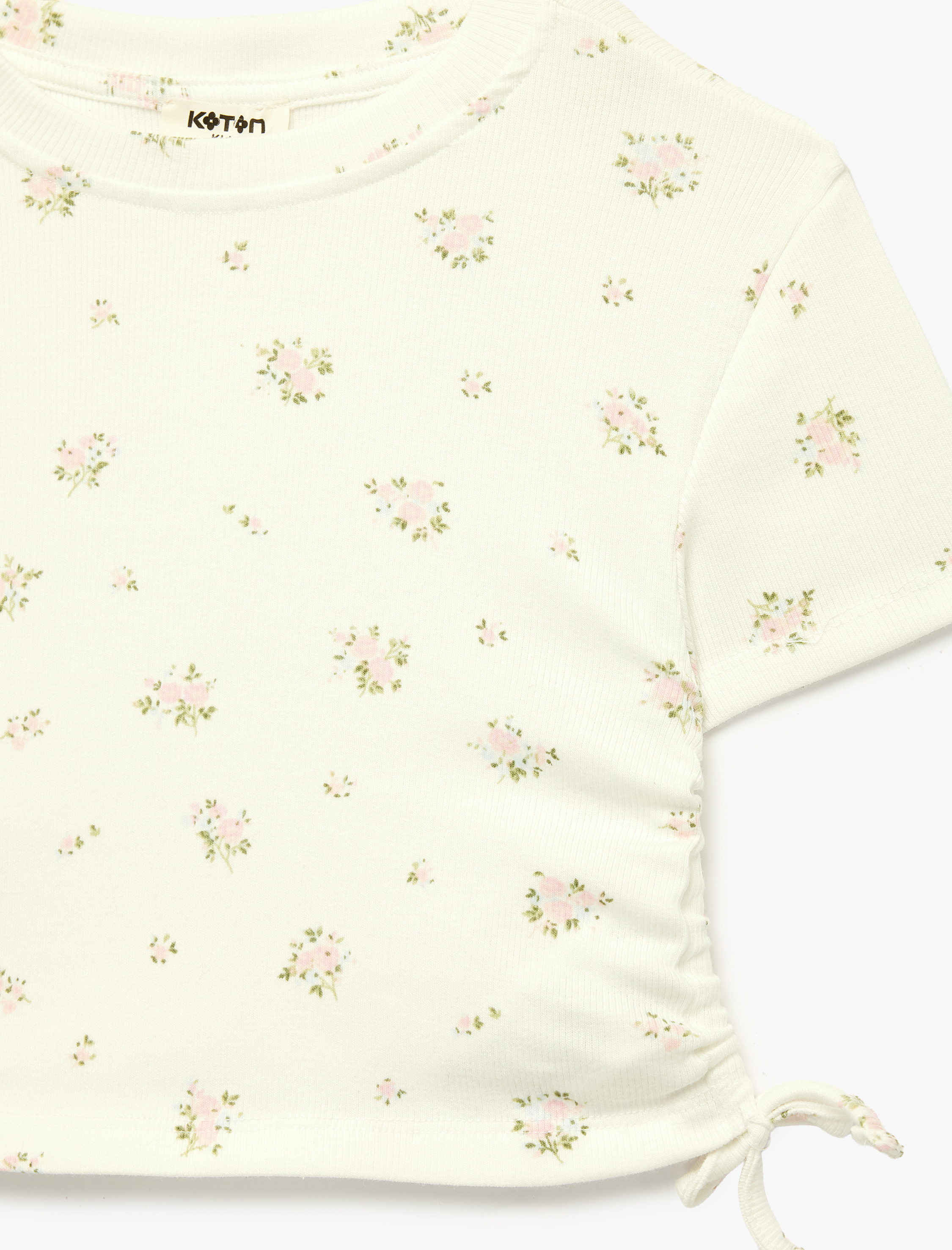  Kız Çocuk Çiçek Desenli Kısa Kollu Bisiklet Yaka Büzgülü Pamuklu Tişört