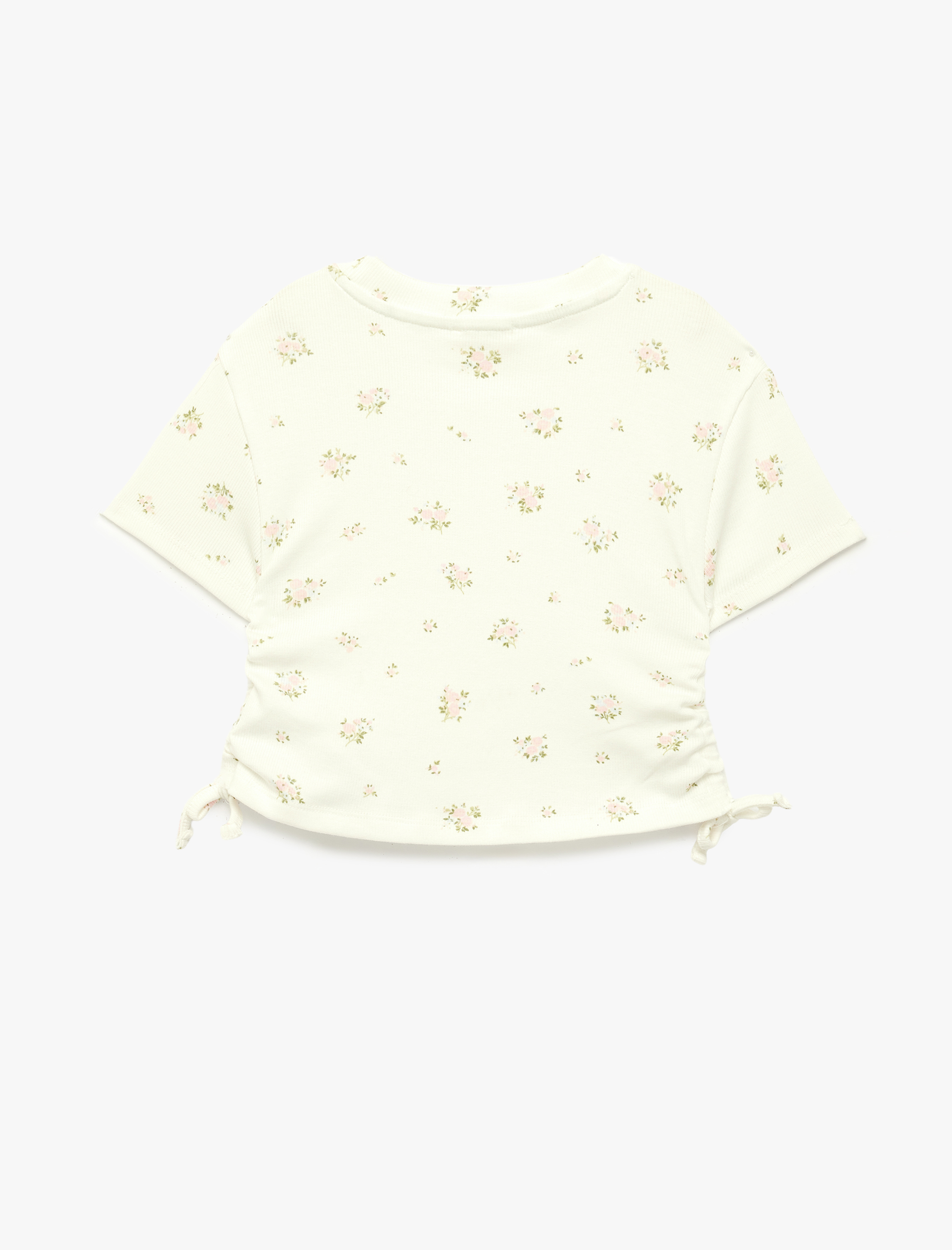 Kız Çocuk Çiçek Desenli Kısa Kollu Bisiklet Yaka Büzgülü Pamuklu Tişört