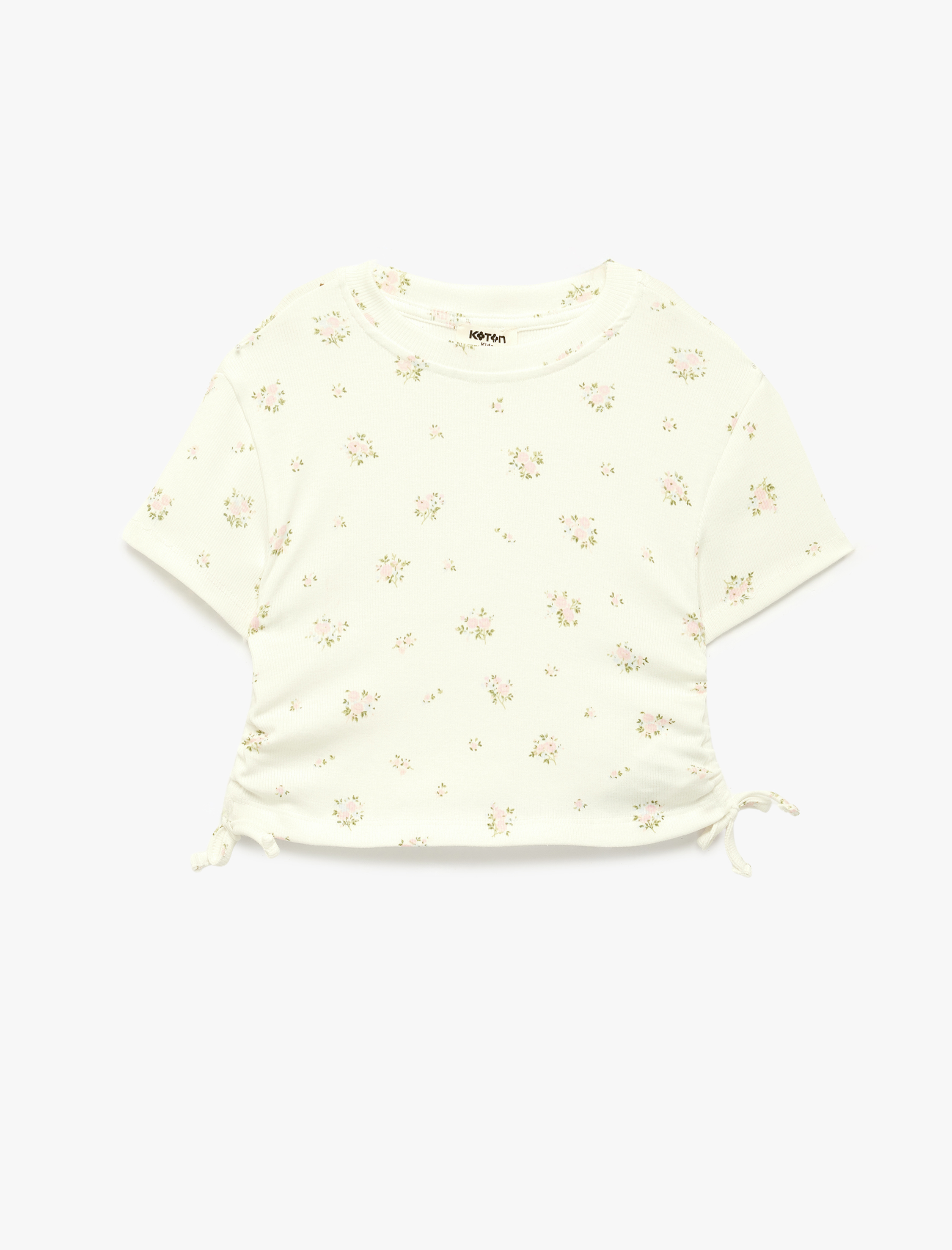  Kız Çocuk Çiçek Desenli Kısa Kollu Bisiklet Yaka Büzgülü Pamuklu Tişört