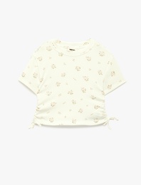 Çiçek Desenli Kısa Kollu Bisiklet Yaka Büzgülü Pamuklu Tişört