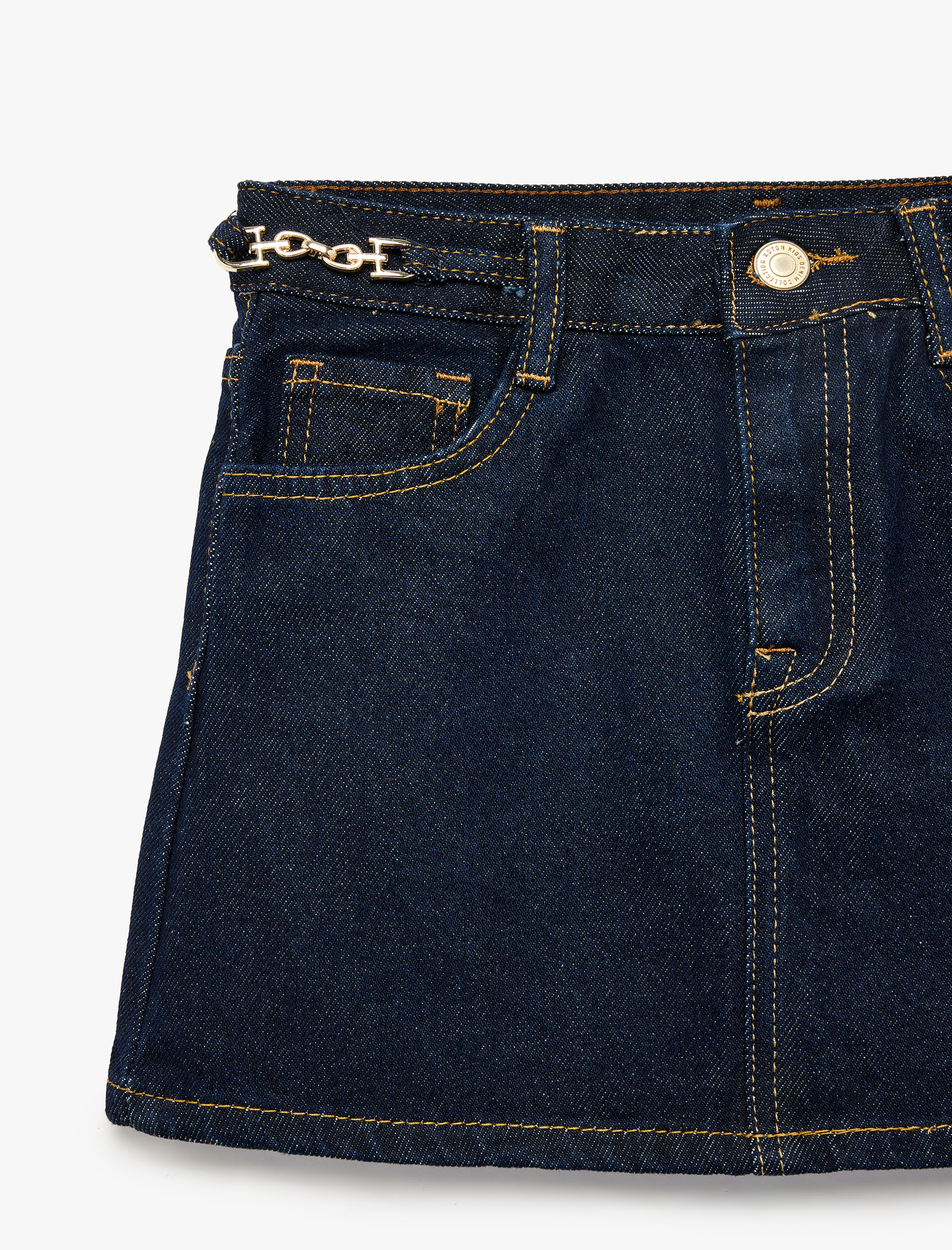  Kız Çocuk Pamuklu Zincir Detaylı A Kesim Cepli Jean Etek