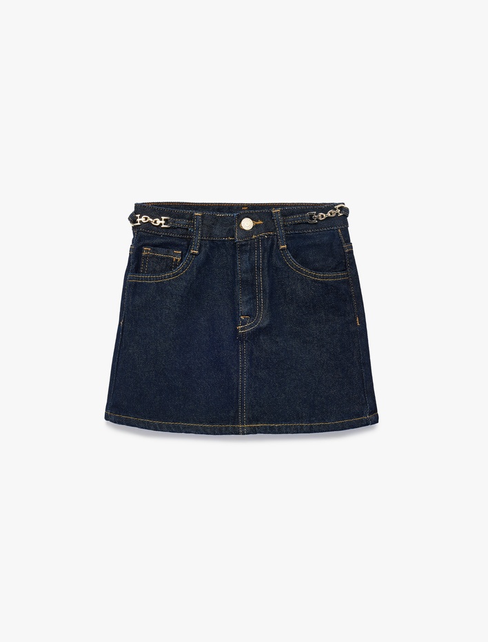 Kız Çocuk Pamuklu Zincir Detaylı A Kesim Cepli Jean Etek