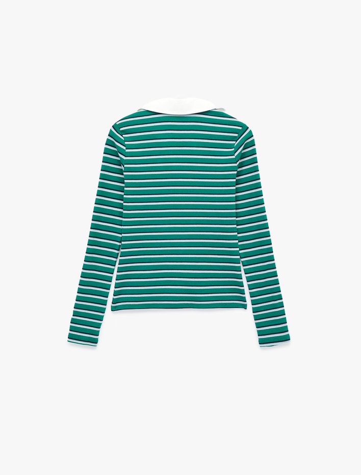  Pamuklu Slim Fit Uzun Kollu Polo Yaka Çizgili Tişört