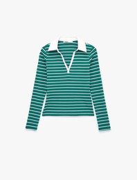 Pamuklu Slim Fit Uzun Kollu Polo Yaka Çizgili Tişört