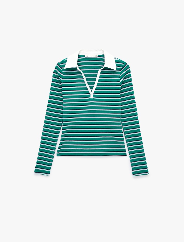  Pamuklu Slim Fit Uzun Kollu Polo Yaka Çizgili Tişört