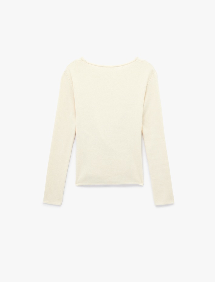  Uzun Kollu Bisiklet Yaka Çapraz Kruvaze Kapama Detaylı Triko Kazak