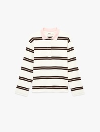 Regular Fit Uzun Kollu Kontrast Detaylı Polo Yaka Çizgili Sweatshirt