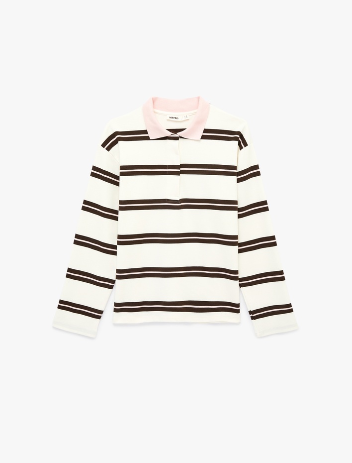  Regular Fit Uzun Kollu Kontrast Detaylı Polo Yaka Çizgili Sweatshirt