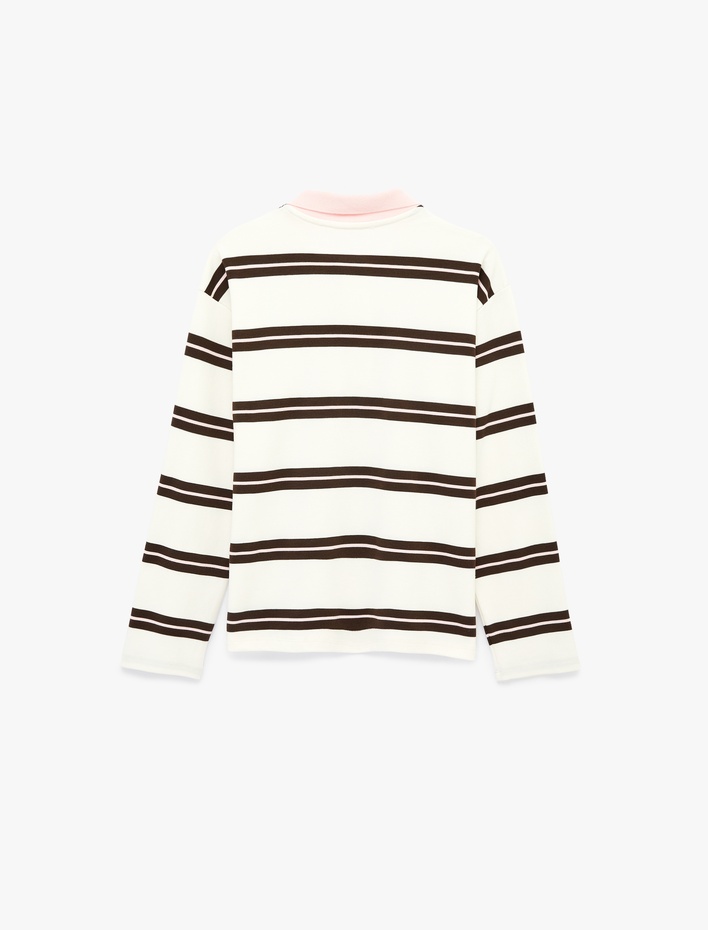  Regular Fit Uzun Kollu Kontrast Detaylı Polo Yaka Çizgili Sweatshirt