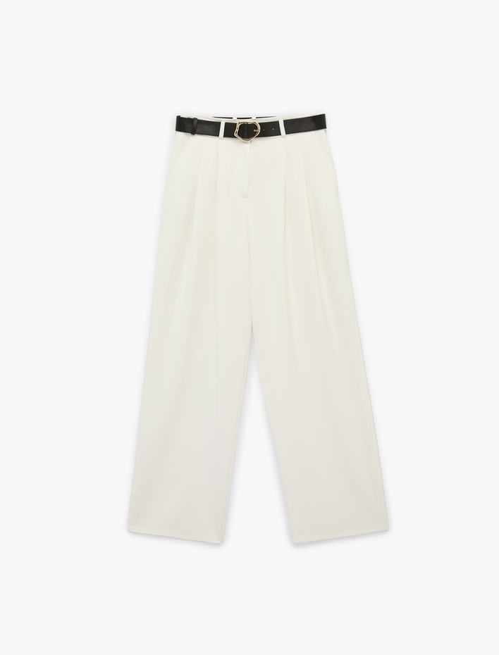  Viskon Karışımlı Kemer Detaylı Yüksek Bel Palazzo Pantolon