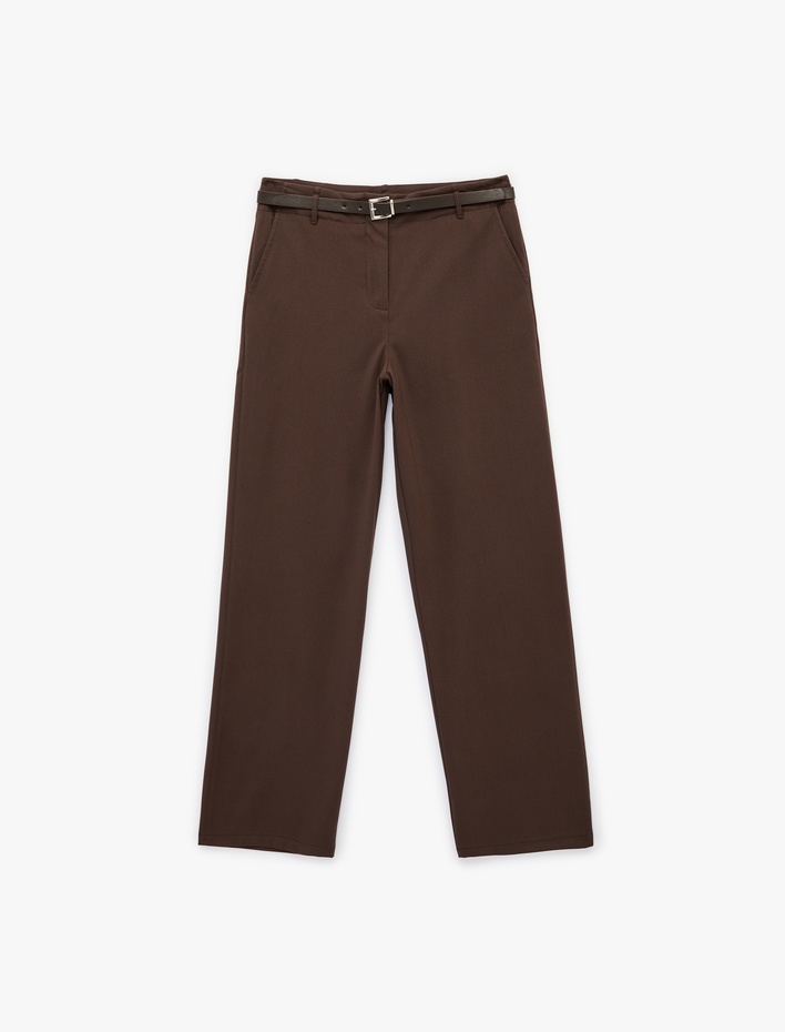  Cepli Kemerli Viskon Karışımlı Geniş Paça Pantolon