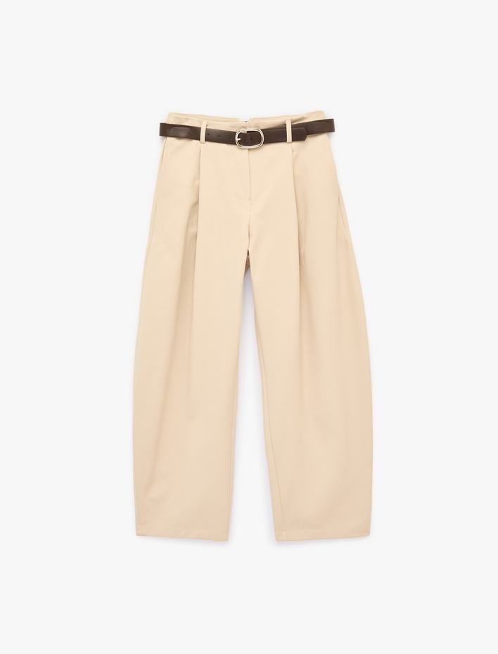  Yüksek Bel Kemer Detaylı Cep Detaylı Pileli Balon Pantolon