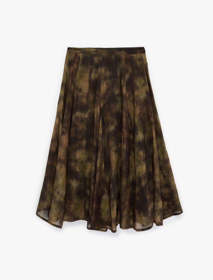  Rahat Kalıp Batik Desenli Midi Kloş Etek