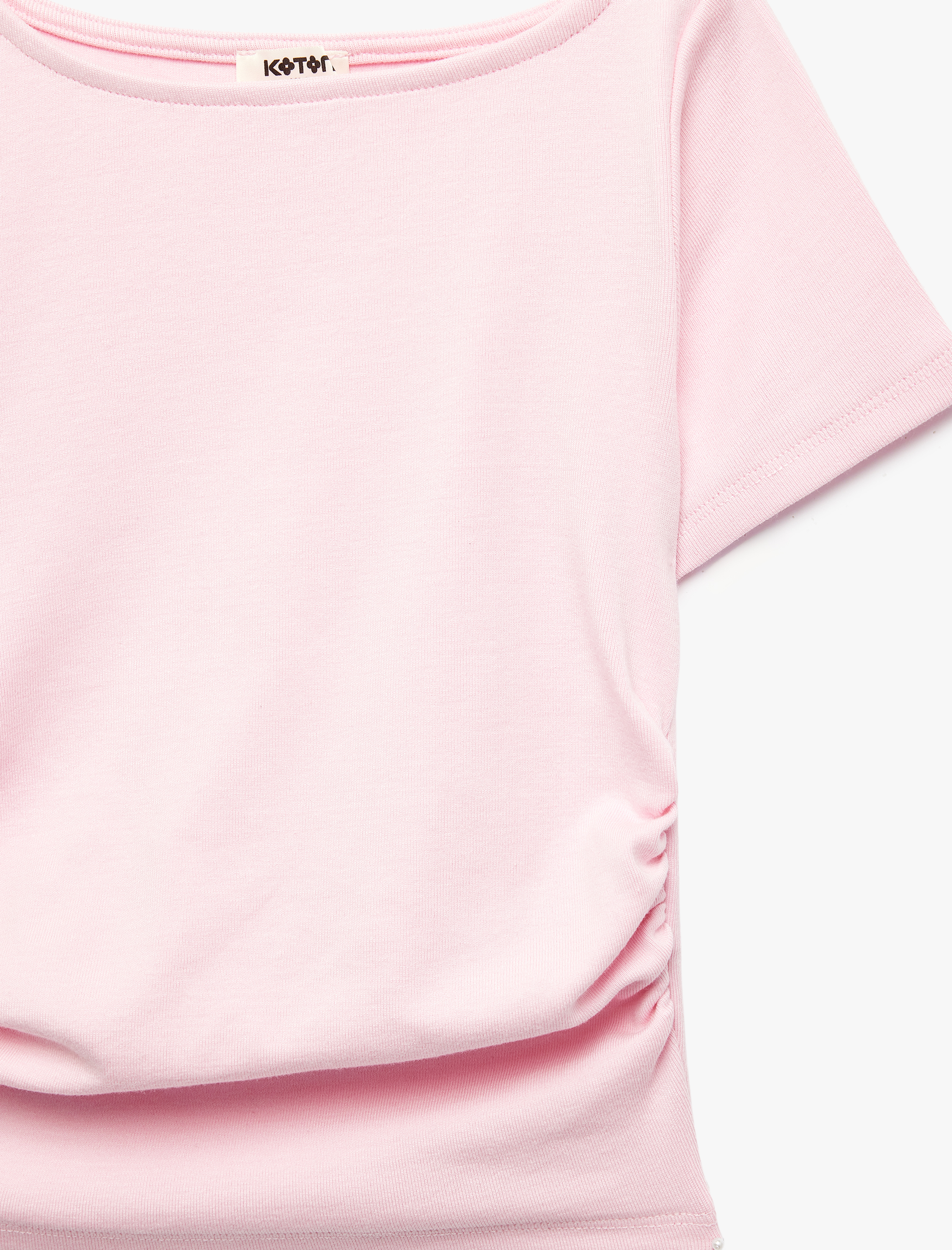  Kız Çocuk Drape Detaylı Yuvarlak Kayık Yaka Kısa Kollu Modal Tişört