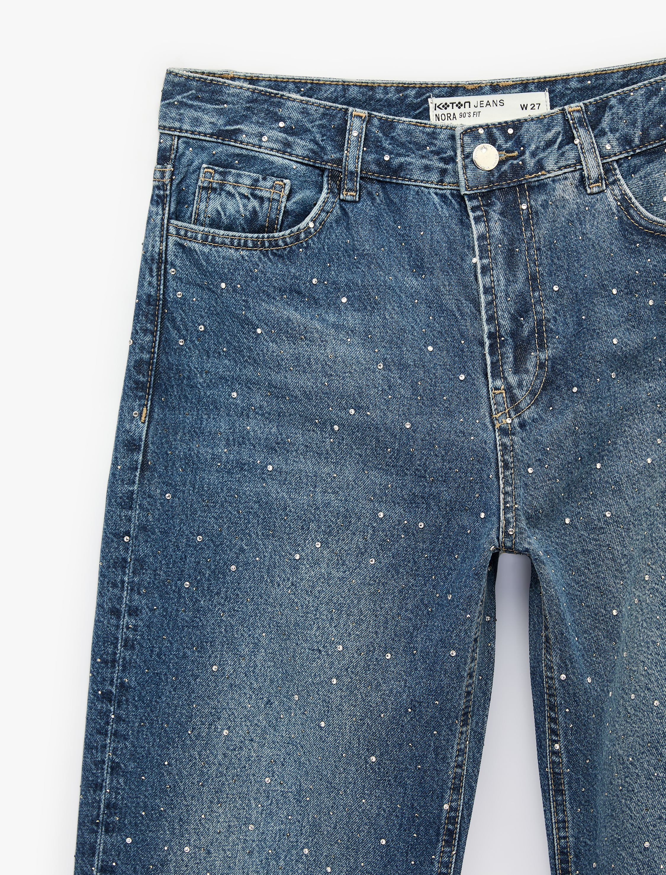   Taş Detaylı Yüksek Bel Düz Paça Denim Pantolon- Straight Jeans