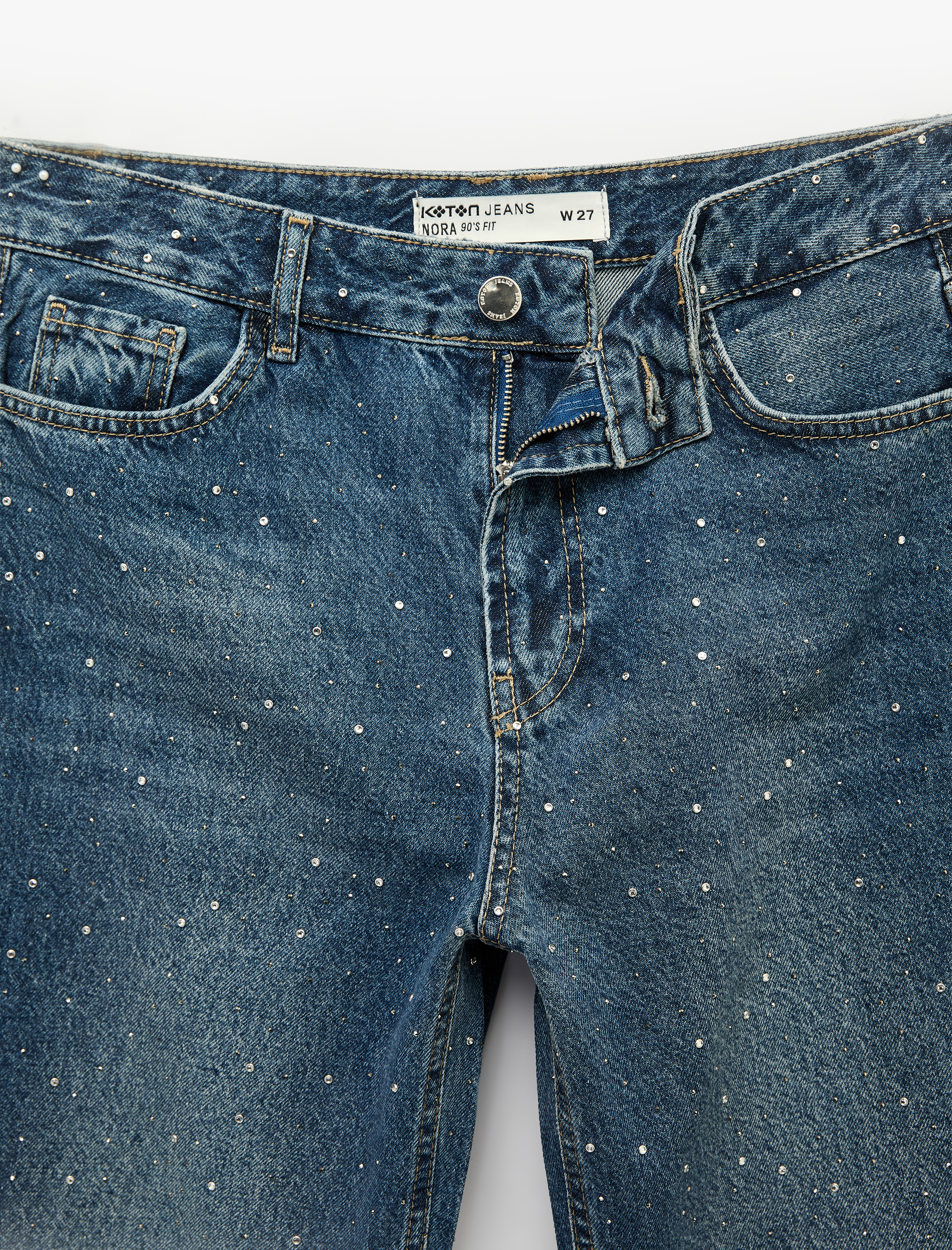   Taş Detaylı Yüksek Bel Düz Paça Denim Pantolon- Straight Jeans